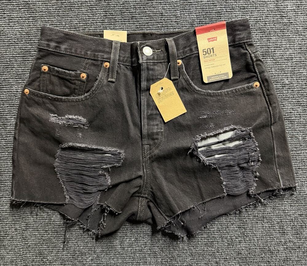 Levi’s 501 High Rise Distressed Black Denim Shorts SZ A 27 Raw Cutoff Hem NWT